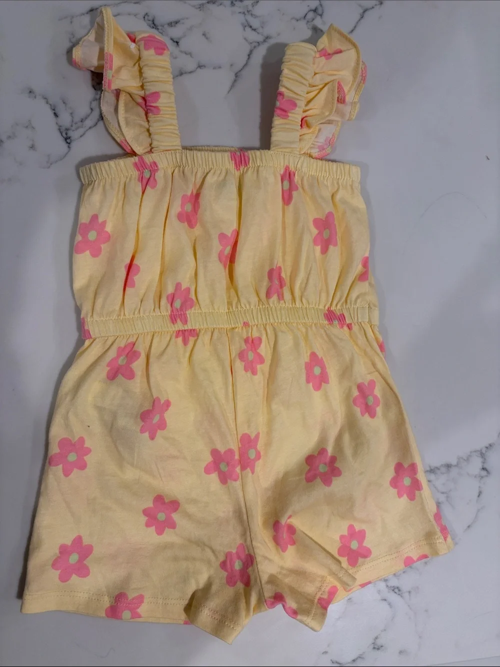Girls Yellow Floral Romper with Pink Flowers